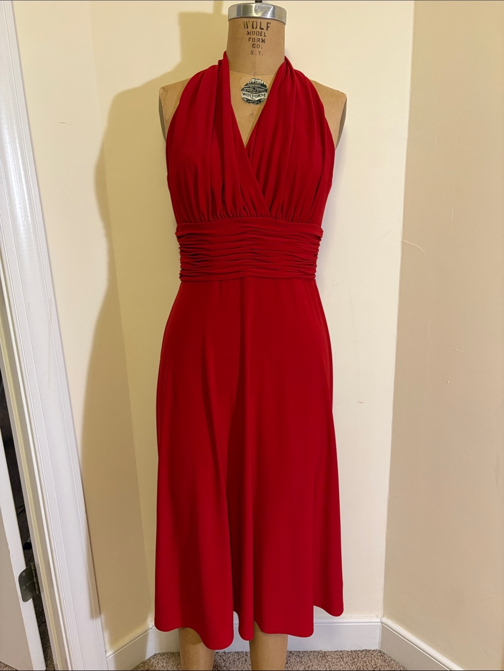 Evan Picone Classic Red Halter Dress with Ruched Waist
